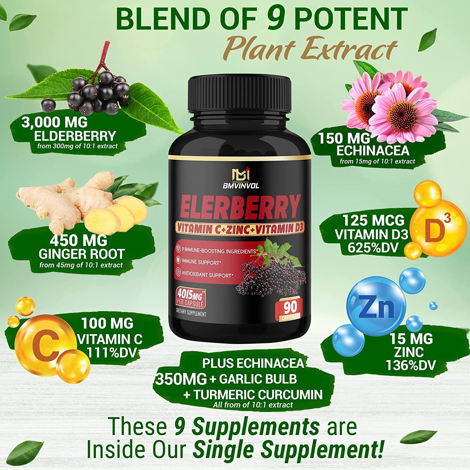 Elderberry Extract Capsules - 4015Mg Herbal Equivalent - 9 in 1 Herbal Supplement for Antioxidant & Immune Support - Enhanced with Vitamin C, Vitamin D3, Ginger Root - 3 Month Supply